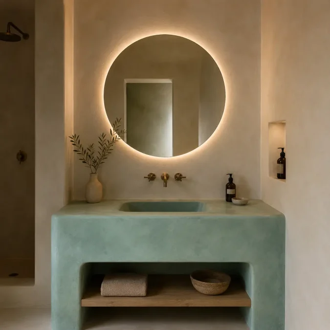 Bagno con lavabo rifinito in Tadelakt